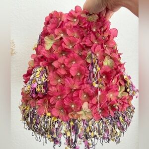 Handmade pink hydrangea flowers and colorful fringe trim Lamp Shade 10”